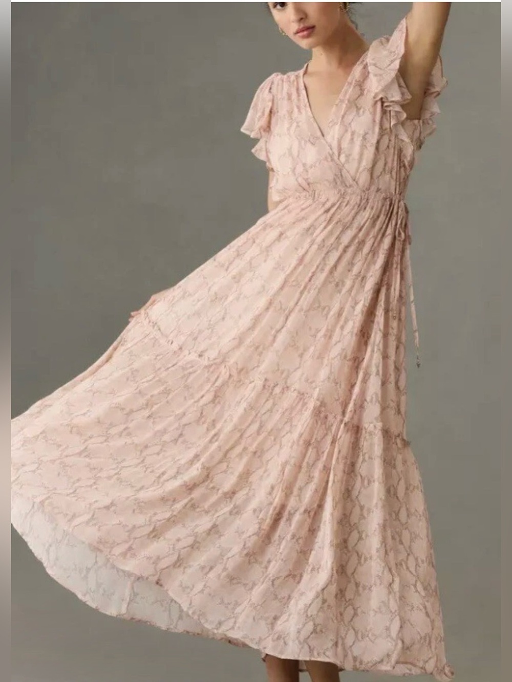 Anthropologie | Blush Pink Reptile Print Ruffle Dress, XL